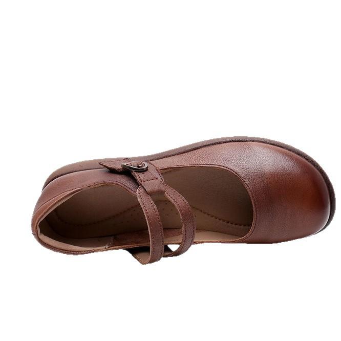 2025 Spring and Autumn New Mother Leather Shoes Women's Soft Leather Soft Sole Muffin Sole Single Shoes Women's Shoes Round Head Buckle Casual