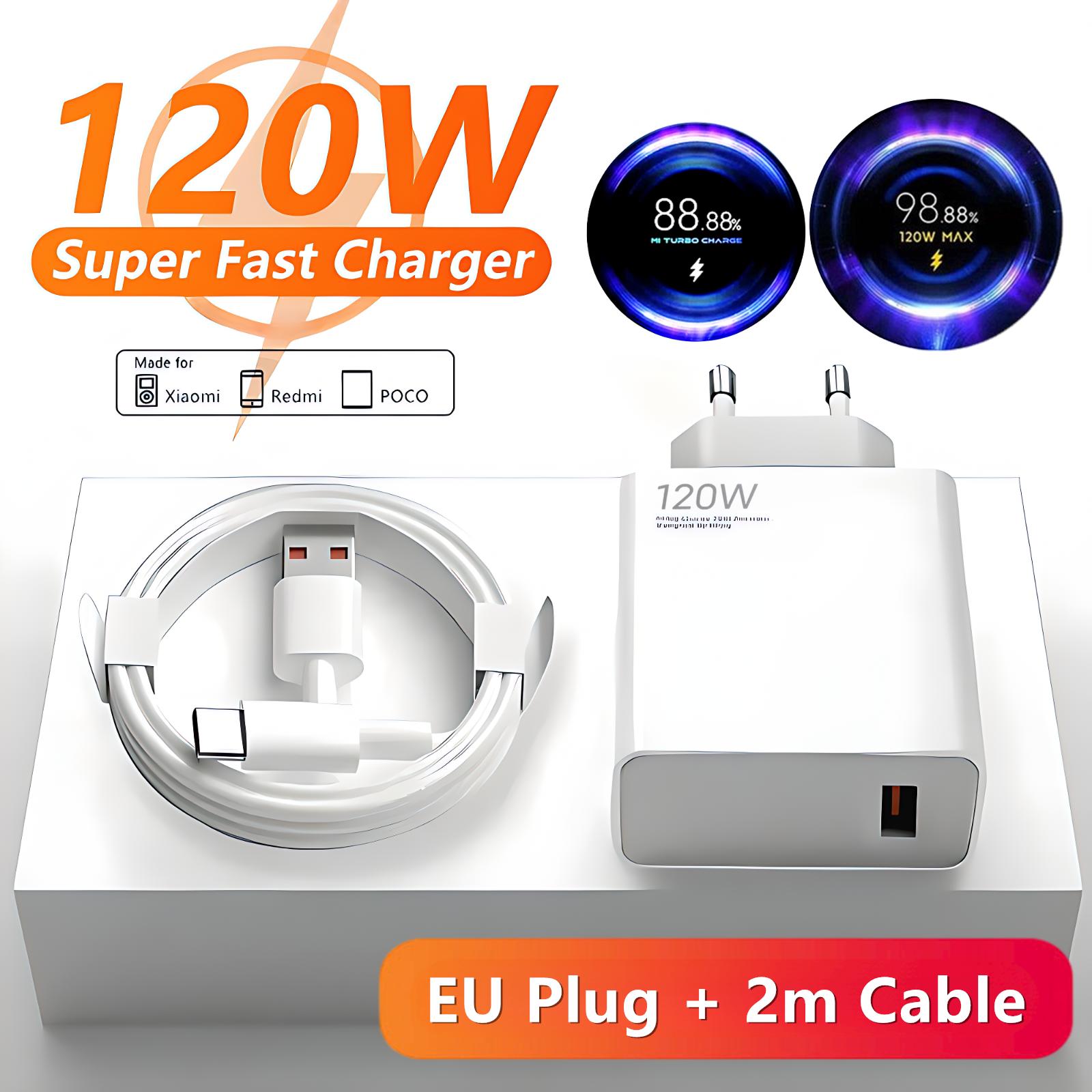 

6A 120W EU быстрое USB-зарядное устройство для Xiaomi 11 12 13 14 Ultra Redmi Note 10 11T 12 13 POCO F5 X5 Pro Type C турбо-кабель для зарядки EU Plug - 2m Cable
