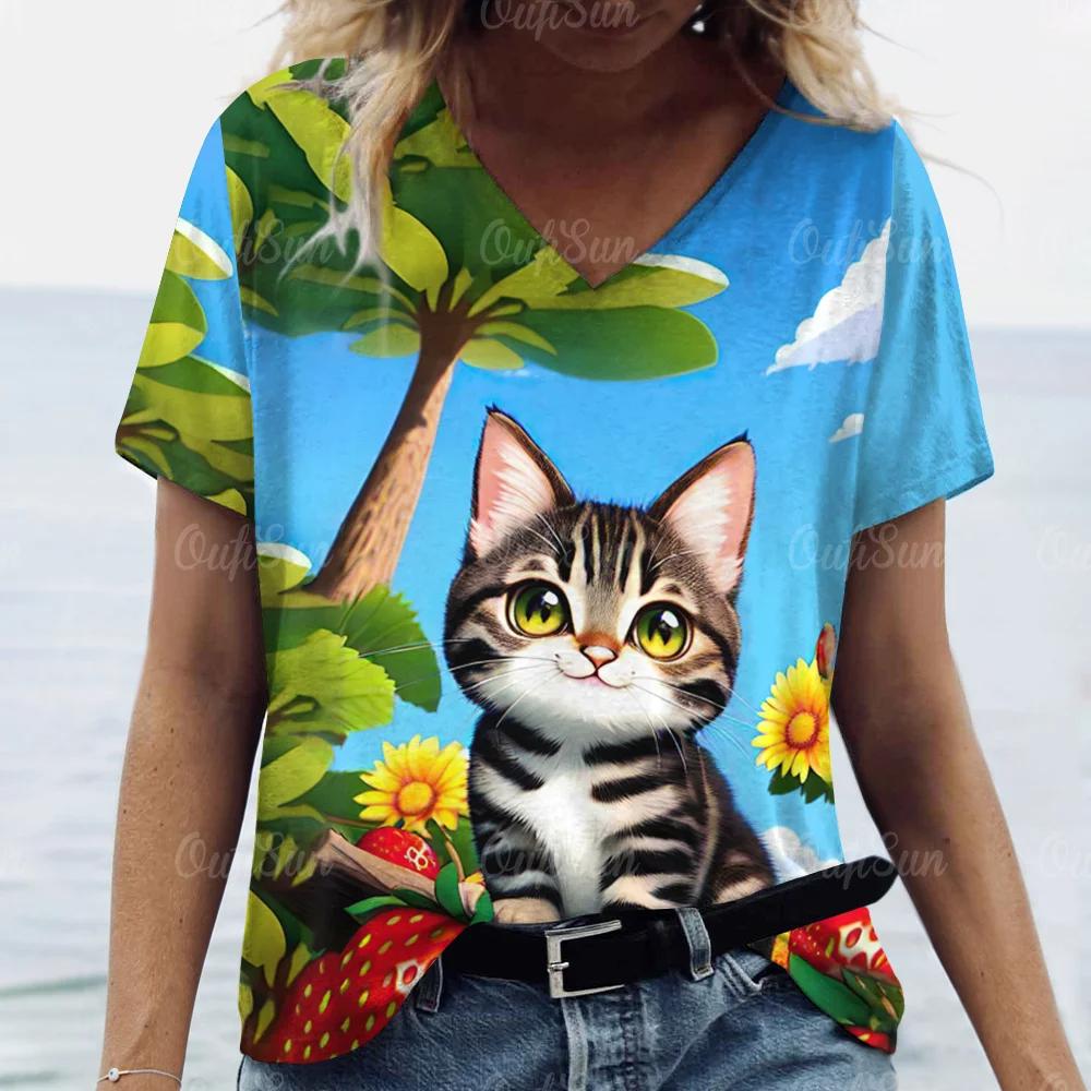 Letni Damski T-shirt Modny Wzór Kreskówkowy Kot Dekolt V Bluzki Koszulki Damska Codzienna Odzież z Krótkim Rękawem Damski Strój Vintage