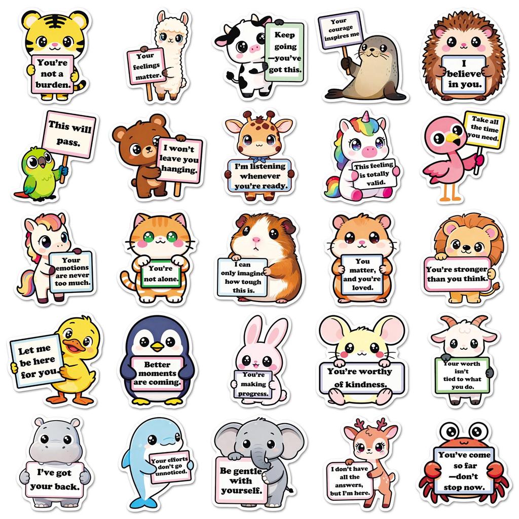 50-Pack Cute Animal Inspirational Stickers for Fridge, Phone, and Desktop