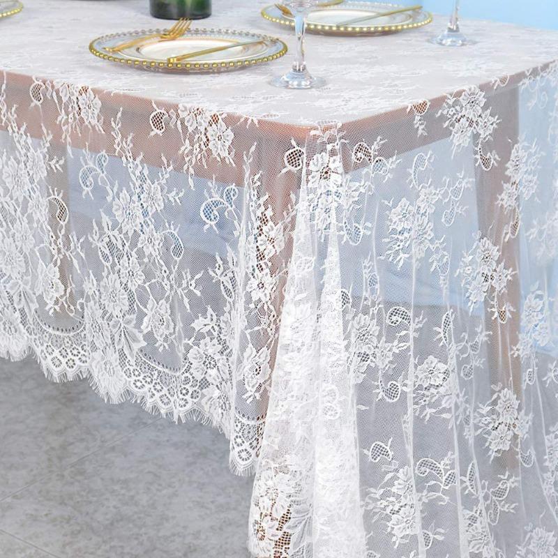White Floral Hollowed Out Table Runner Rectangular French Style Romantic Table Cloths Vintage Embroidered Lace Fabric Wedding Decoration Table Linen