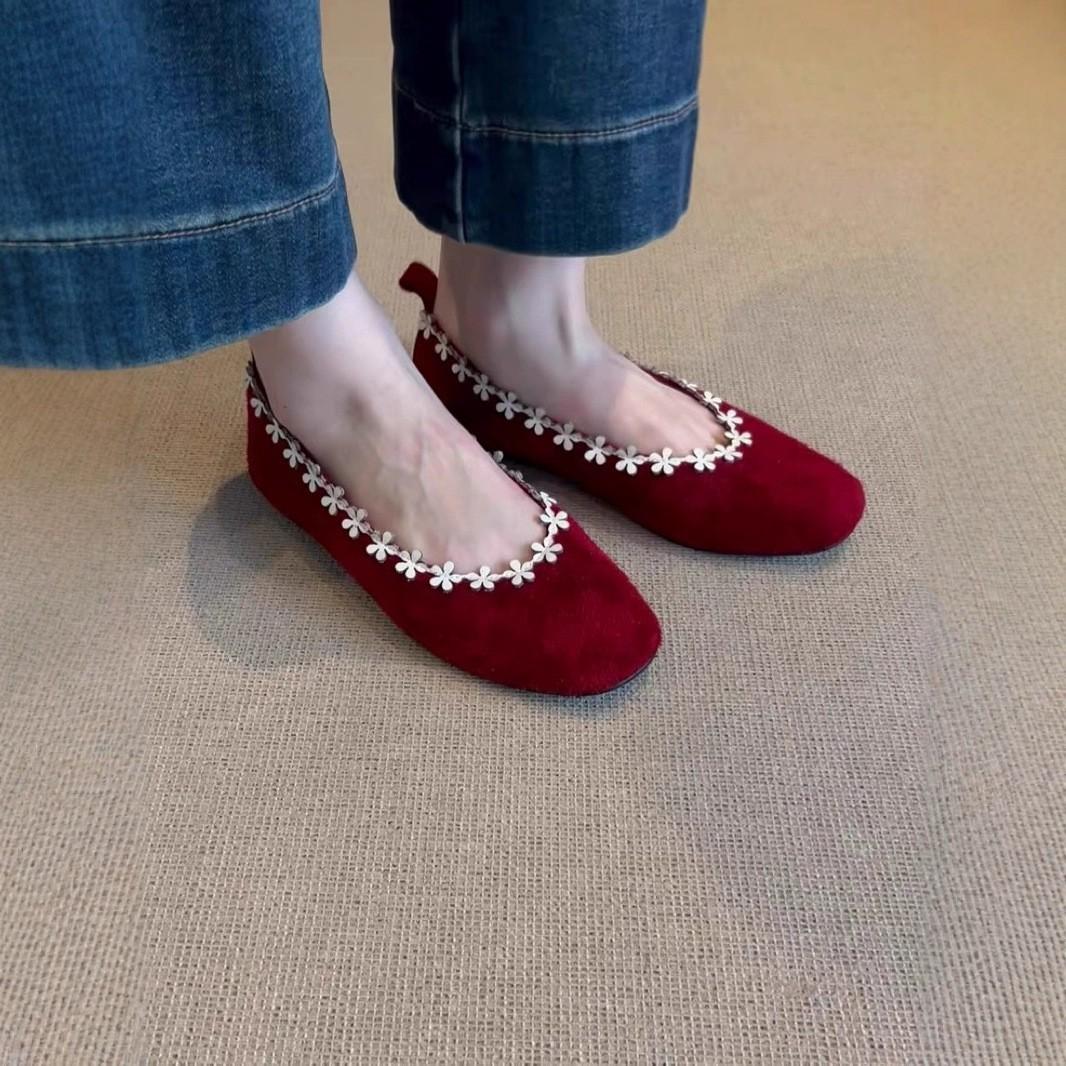 Версия из мягкой кожи Французский балетный стиль цветок круглый носок на плоской подошве туфли-лодочки женственность мягкая кожа на одной педали внутренняя танкетка женские 36 красный 2900₽