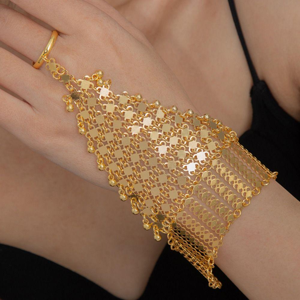 Exotic Golden Tassels Bracelet Multi Layer Gold Plated Ethnic Style Finger Bracelet Adjustable Simple Hollow Geometric Bracelet