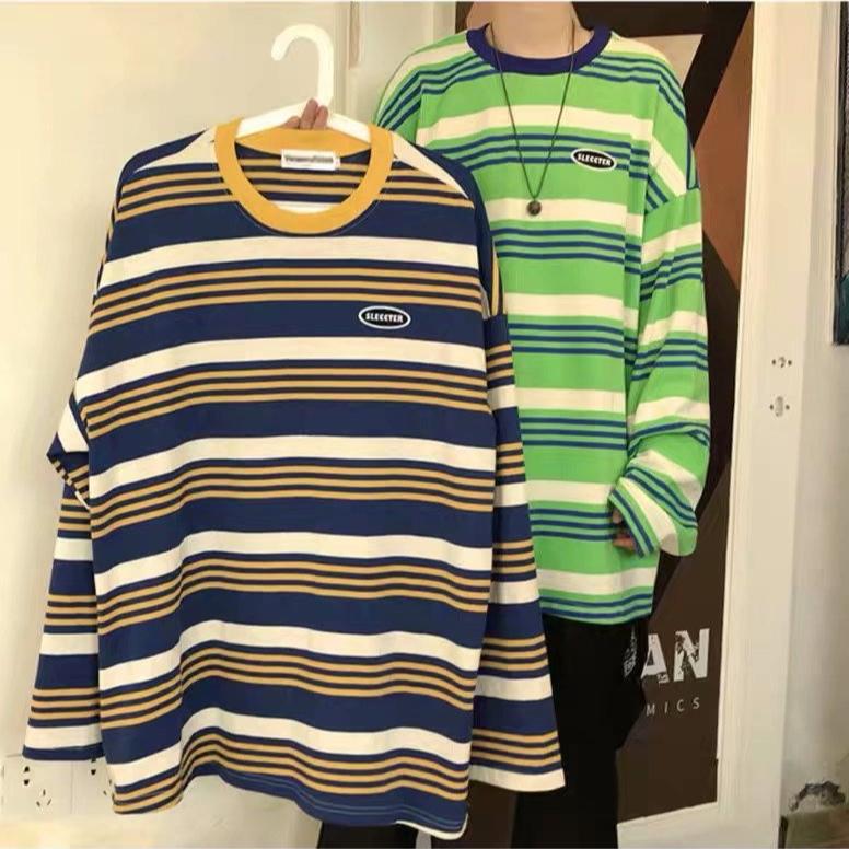 spring autumn oversized tshirt for men harajuku green stripes T Shirt men's Pullovers long sleeve y2k Tops tee hip hop streetwear