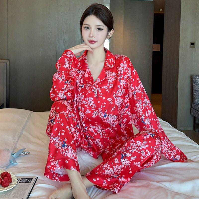 Classical Pink Sakura Print Big Red Women's Pajamas Romantic Aesthetic Literary Sleepwear Spring Autumn New Nightwear