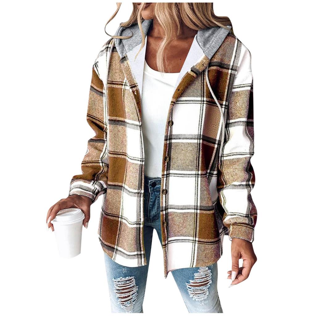 Women S Loose Fit Hooded Long Sleeve Plaid Plush Polyester Coat For Autumn Winter