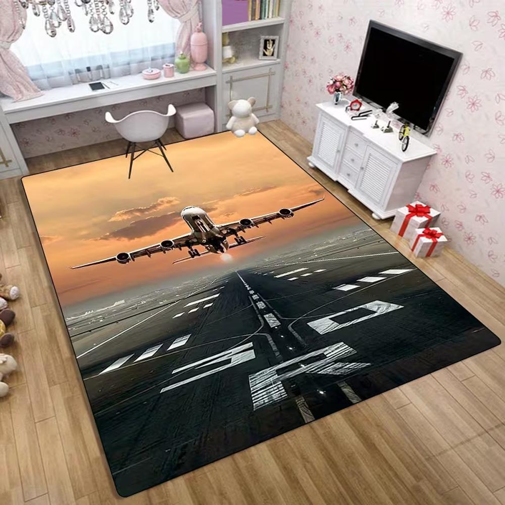 Airplane Runway 2D Print Area Rug Flannel Washable Floor Mat for Kids Bedroom Playroom Living Room Aviation Theme Home Decor