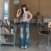 Spring Summer Mid Low Waist Cat Whisker Sandblast Vintage Blue Relaxed Straight Wide Leg Casual Denim Pants Ladies Casual Oversize Denim Trousers