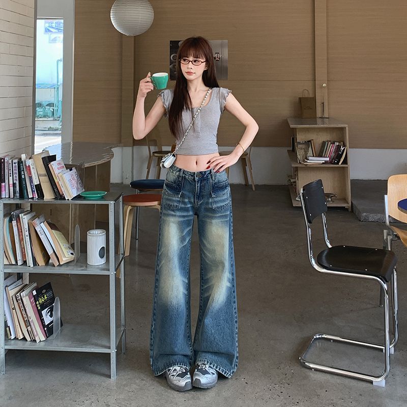 Spring Summer Mid Low Waist Cat Whisker Sandblast Vintage Blue Relaxed Straight Wide Leg Casual Denim Pants Ladies Casual Oversize Denim Trousers