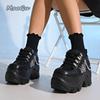 Mode Gothic Punk Klobige Sneaker für Damen PU Schwarz Kettendekor Plateau Freizeitschuhe Frau Dicke Sohle Rutschfeste Sneaker Größe 35-42