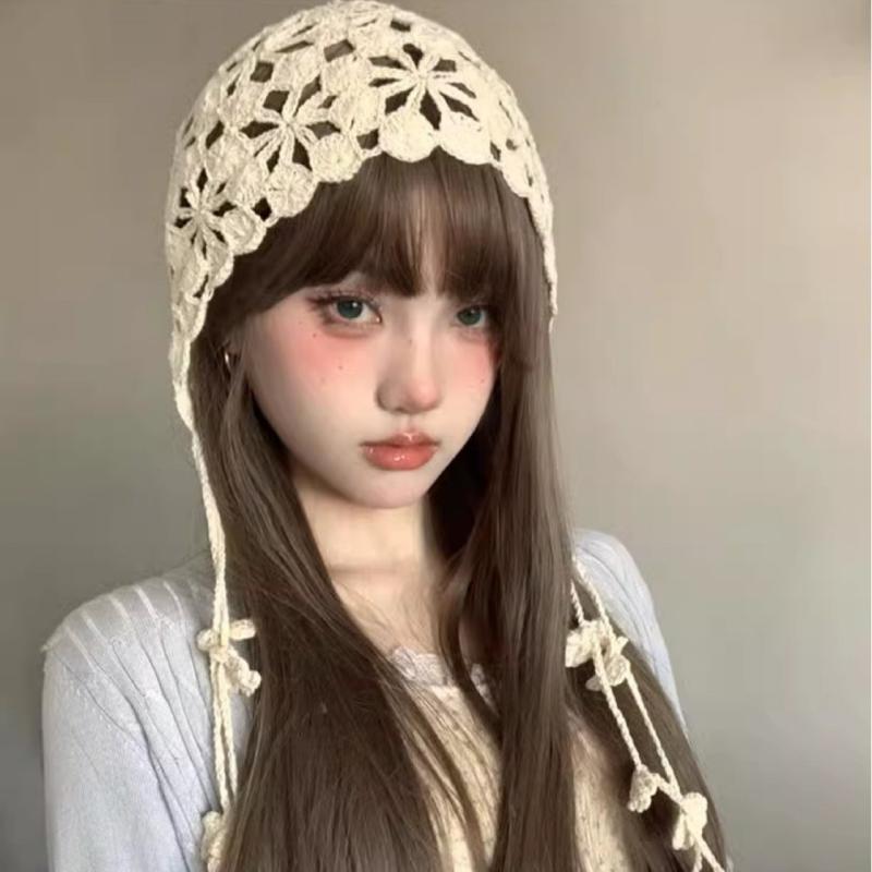 Ethnic Style Crochet Flower Knitted Hat Hollow Out Beanies Knit Cap Handmade Korean Apparel Accessories