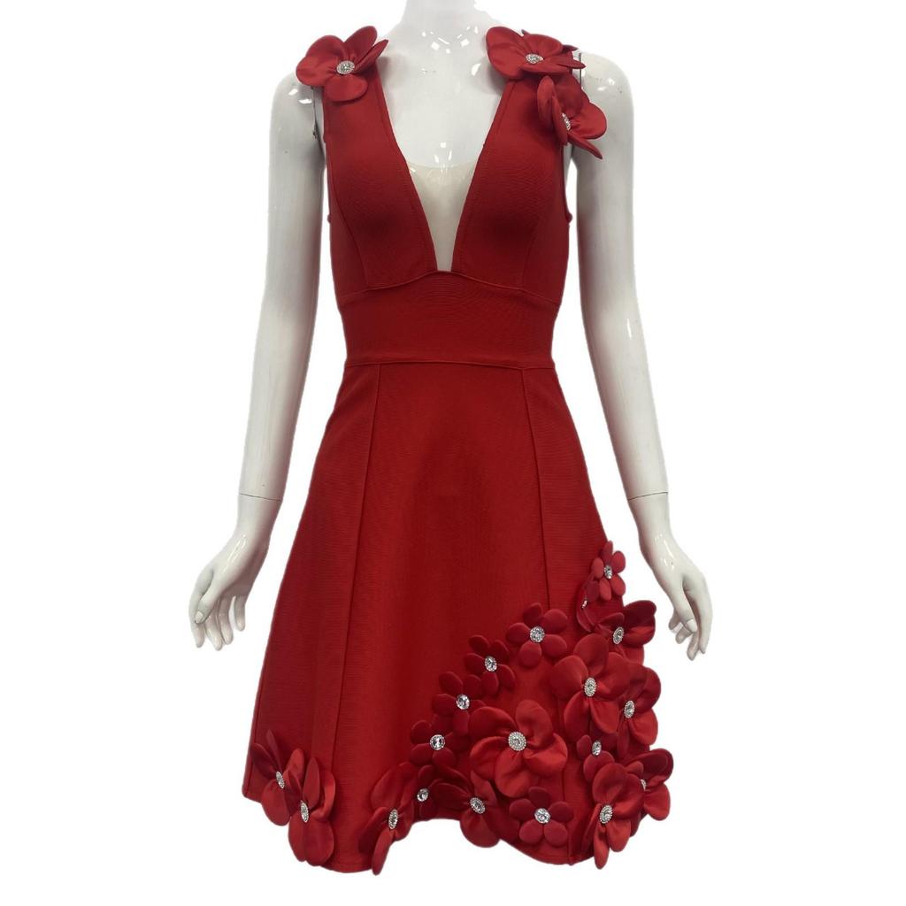 Women's European & American Style Deep V Floral Bandage Dress - Sexy Evening Gown & Short Dress