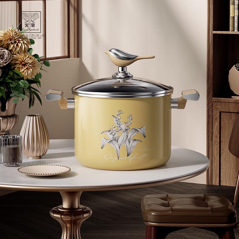 Huoxiang Emaille Suppentopf mit Vogel- und Blumendesign