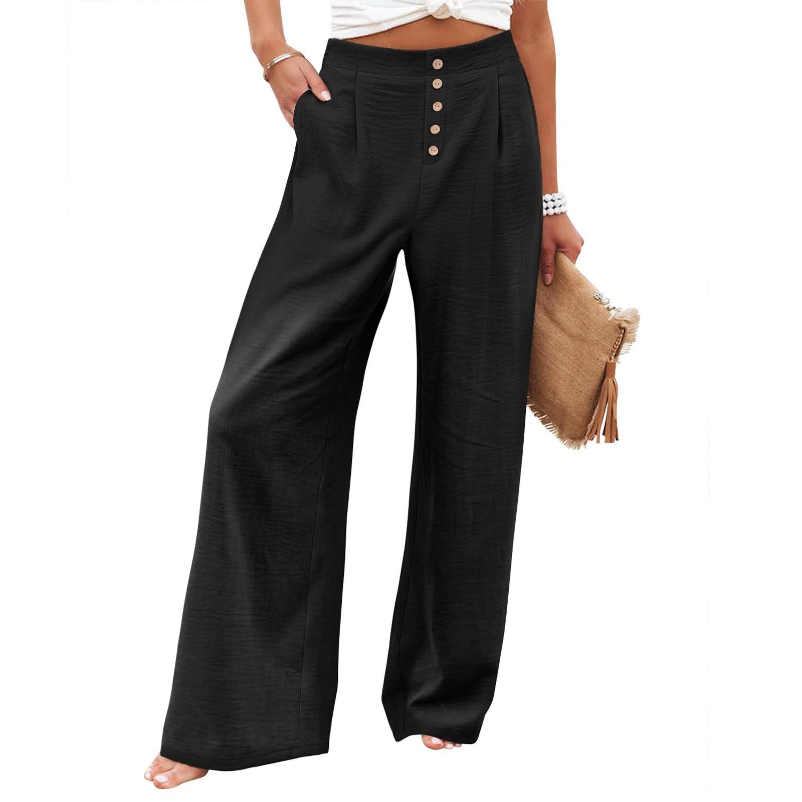 

Широкие брюки для женщин, однотонные повседневные брюки с высокой талией, брюки на пуговицах для тренировок с карманами XXL чёрный