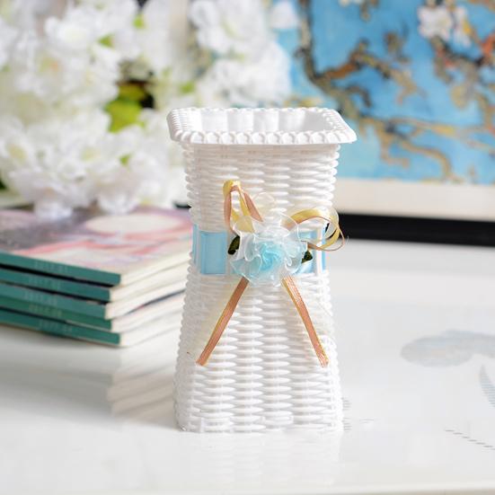 Flower Vase Unbreakable Square Opening Desktop Decoration Imitation Rattan Woven Plastic Vase for Home Couple