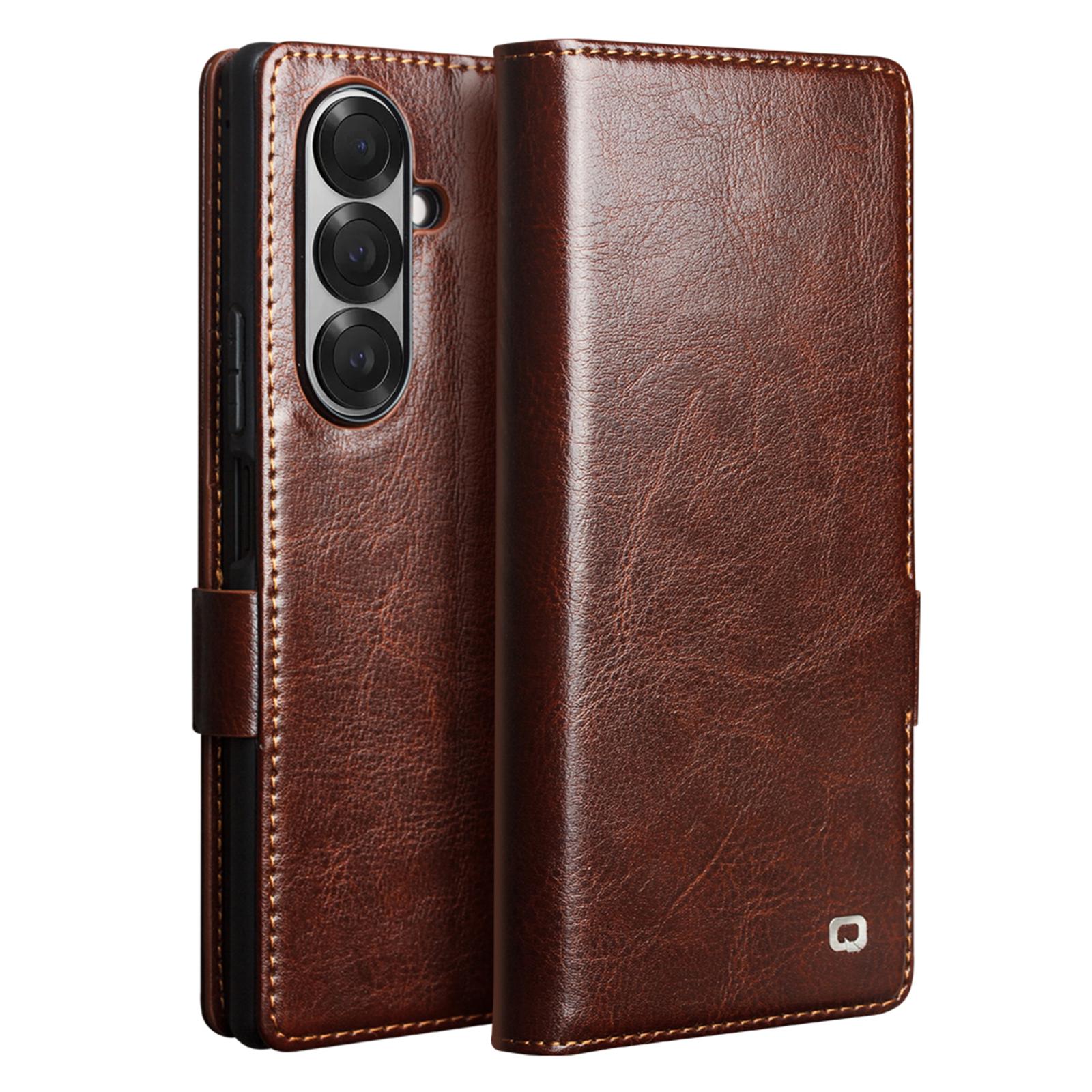 

QIALINO For Samsung Galaxy Z Fold7 5G Case with Card Holder Genuine Cow Leather Stand Phone Cover Brown
