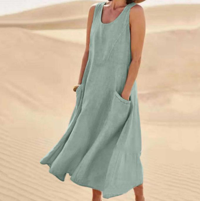 Summer European Style Sleeveless Round Neck Women Clothing Cotton Maxi Dress S зелёный
