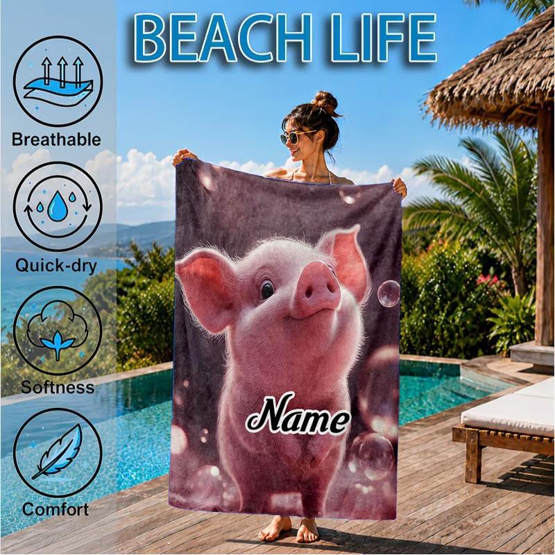 Custom Name Pig Bubbles Beach Towel Microfiber Beach Towel, Lightweight and Quick-Dry, for Summer Travel, Swimming Pool Gift