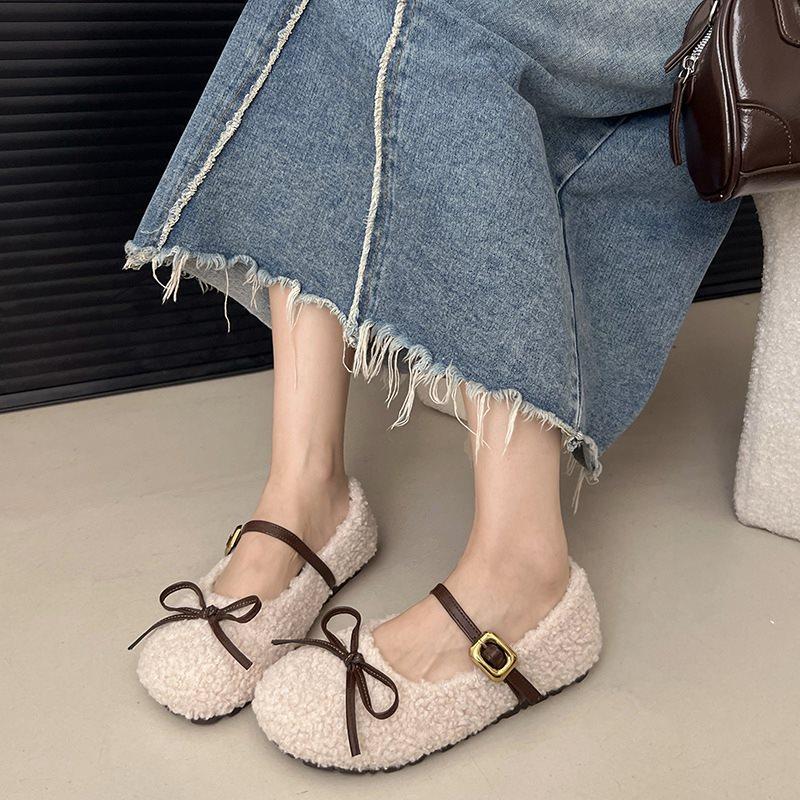 Fleece Round Head Gentle Wind Bow Flat Cotton Shoes Fluffy Shoes Women's Autumn and Winter 2025 French Warm New Sweet
