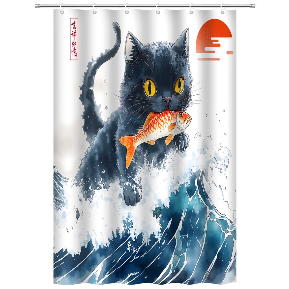

Funny Black Cat Shower Curtain Watercolor Ocean Wave Red Sun Fish Nautical Scenery Lovely Pet Bathroom Decor With Hooks W60H190(CM)-1 Pcs