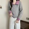 Autumn & Winter Women's Knit Top: Short-Style with Color-Block Peter Pan Collar & Heart-Shaped Buttons