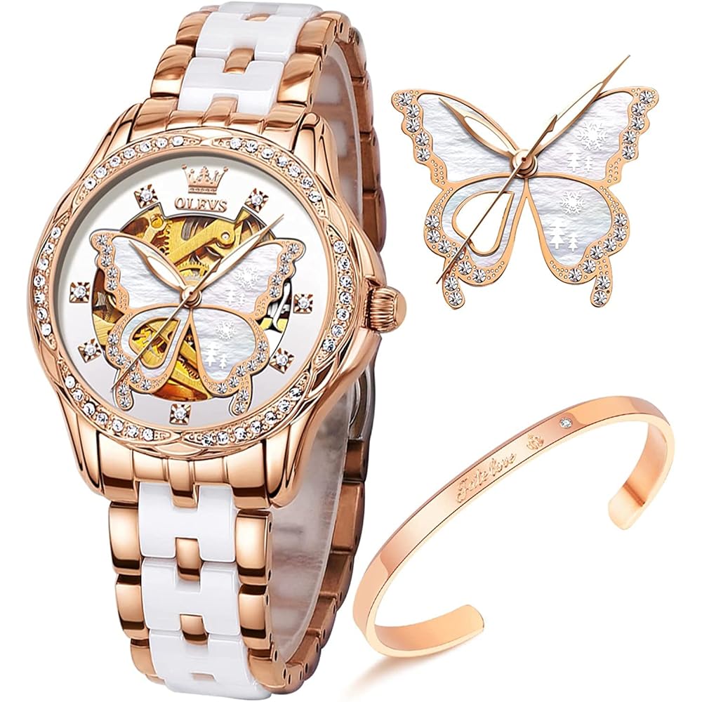 OLEVS Women s Ceramic Waterproof Mechanical Watch with Date Bracelet White