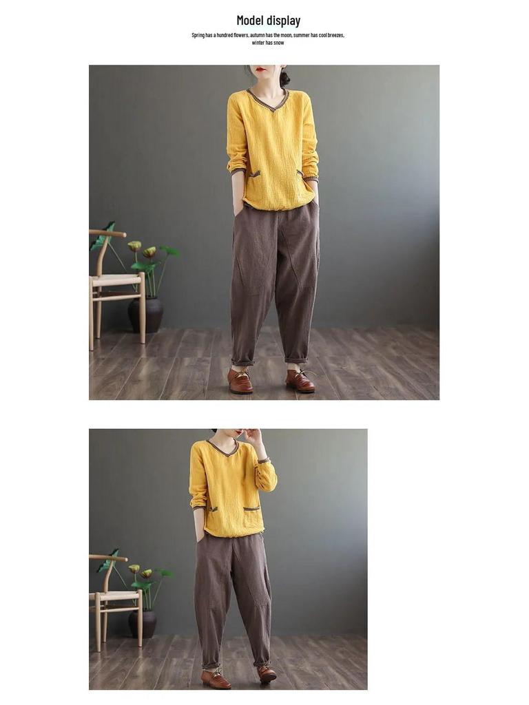 Plus Size Retro V-Neck Cotton Linen T-Shirt for Spring/Autumn - Long Sleeve, Loose Fit, Versatile Pullover for Women