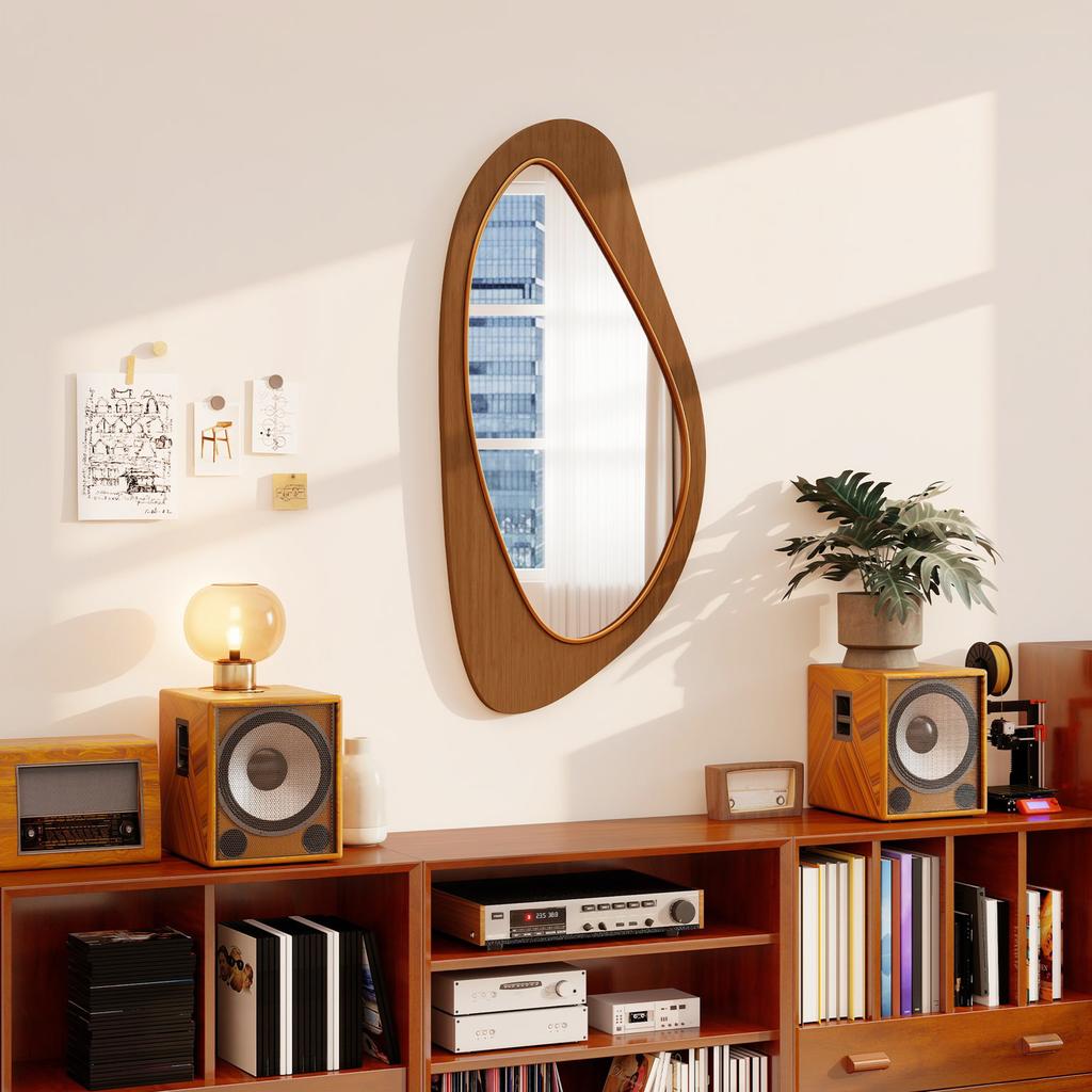 Miroir Mural Miroir Fenêtre avec Cadre en Placage de Pin pour Chambre à Coucher Salon, 91,5 x 45 x 3 cm, Bois Naturel