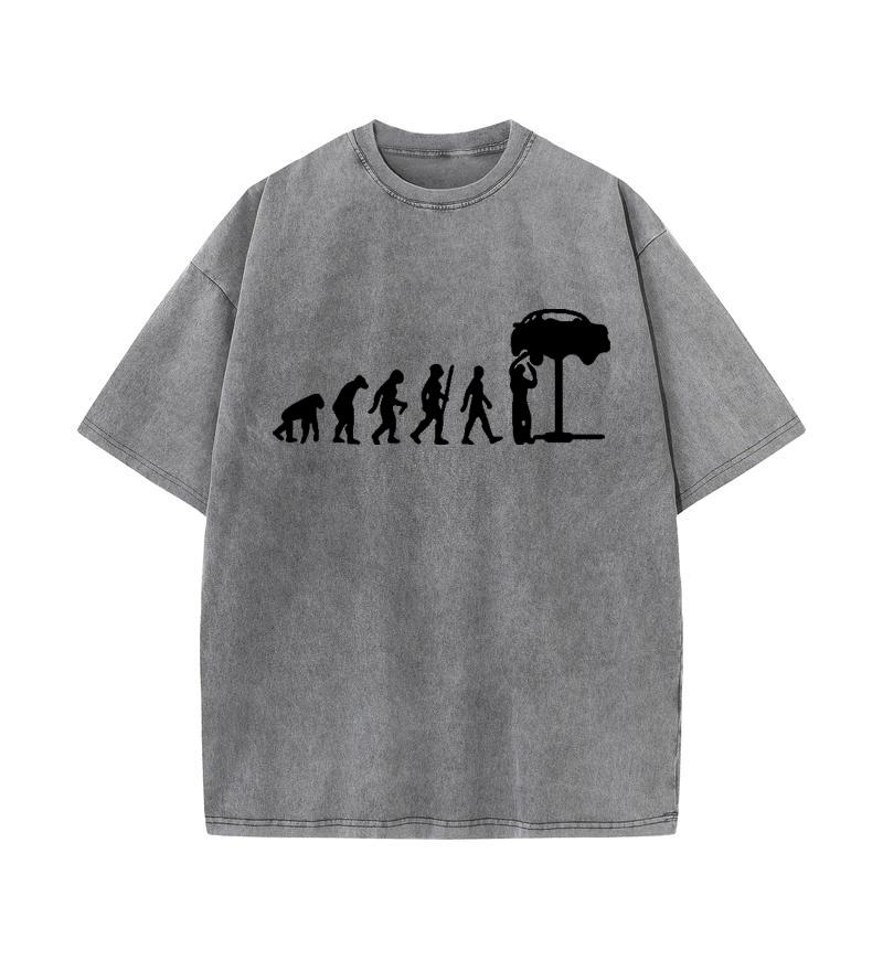 2025 Summer 100% Cotton Washed Old Craft Oversized T Shirt Big Size O-neck Oversized Men T Shirt Human Evolution Print