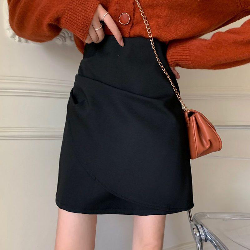 Female Clothing Irregular Bag Hip Skirts Spring Autumn High Waist A-Line Basic Solid Color Chic Folds Asymmetrical Mini Skirts
