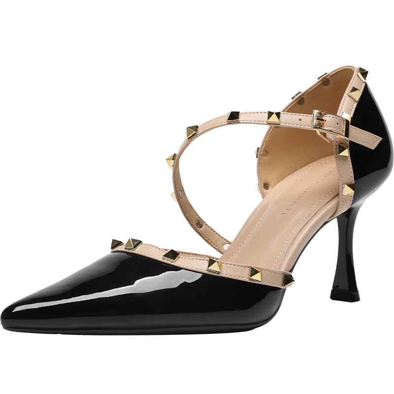 ZHR Pointed Toe Patent Leather Rivet High Heel Sandals IE02 35