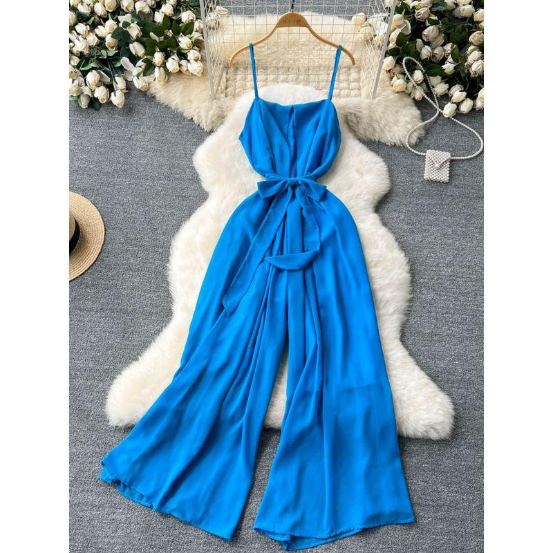 Holiday Wear Chic Summer New Design Sense Lace-up Waist-Controlled Youthful-Looking Loose Wide Leg Leisure Suspender Jumpsuit