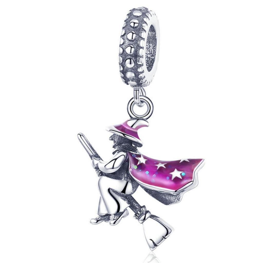 Silver witch on a broom pendant, silver 925 beads
