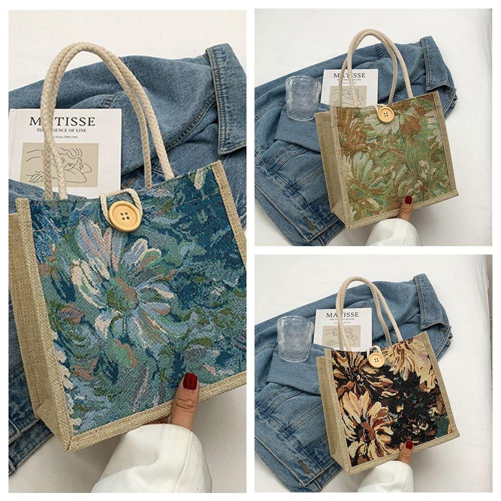 Portable Linen Handbag Large Capacity Printing Cloth Lunch Bag Ethnic Style Canvas Bag  Picnic
