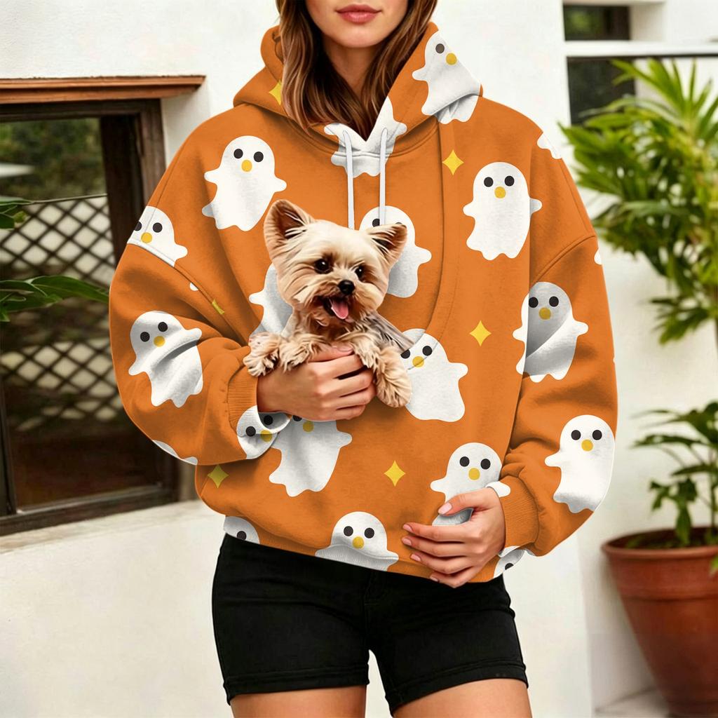 Women's Halloween Print Hoodie with Large Pet Pocket for Fall and Winter Casual Wear
