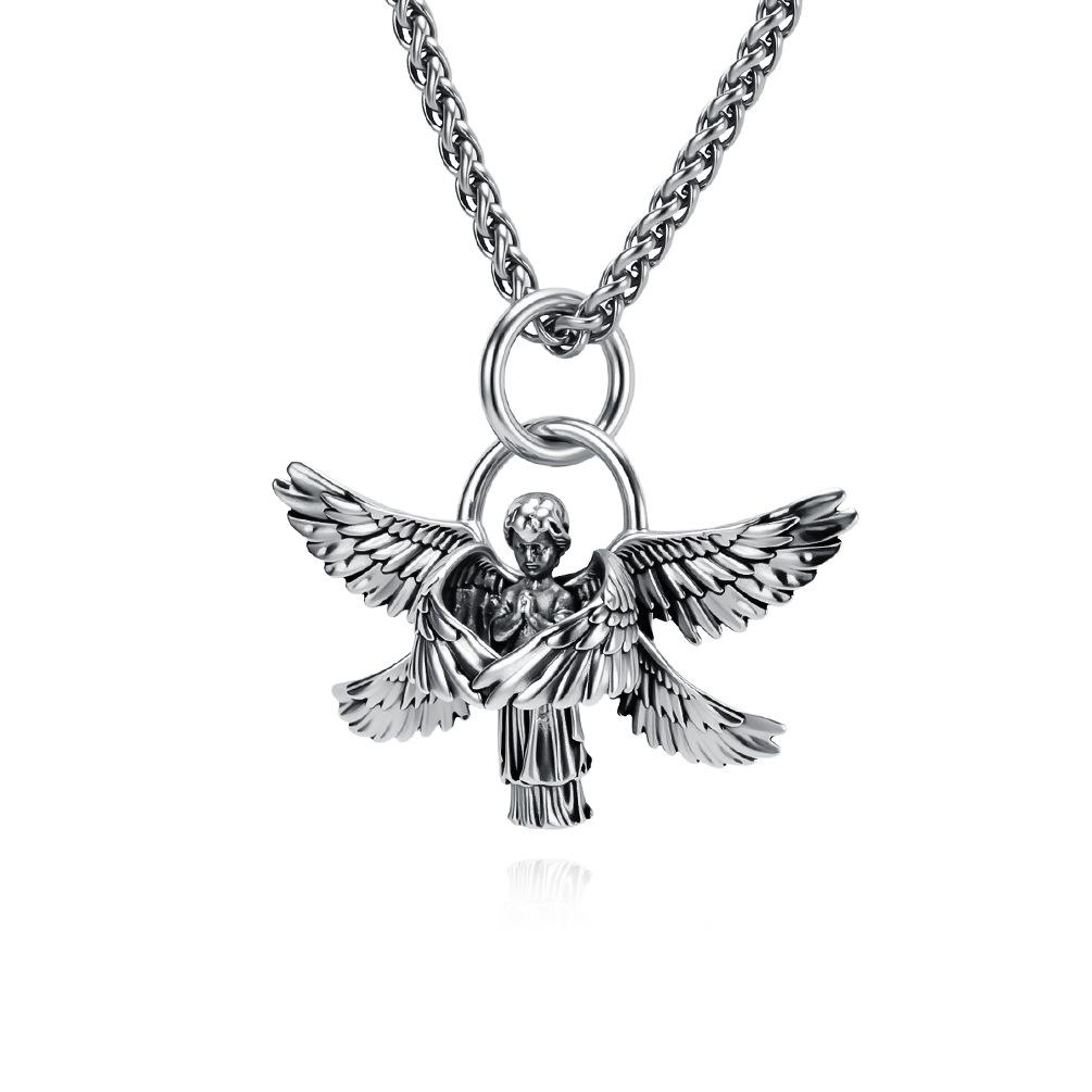 Literary Retro Seraph Titanium Steel Necklace Prayer Guardian Angel Body Pendant 60CM