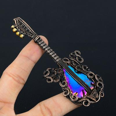 Guitar Shaped Titanium Druzy  Gemstone Copper Wire Wrapped Handmade Pendant Jewelry Gift