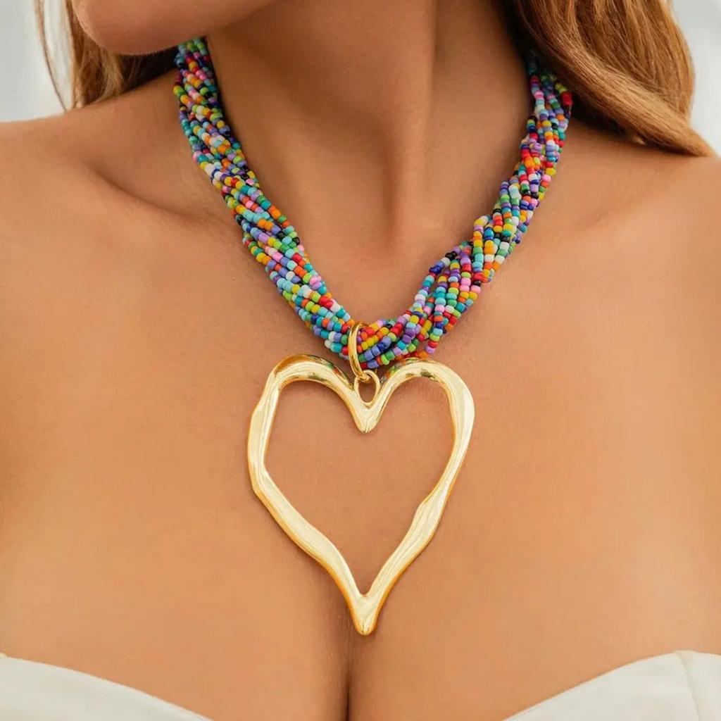 DIEZI Bohemian Multialyer Acrylic Beads Choker Necklace For Women Punk Fashion Big Heart Pendant Statement Collar Neck Jewelry