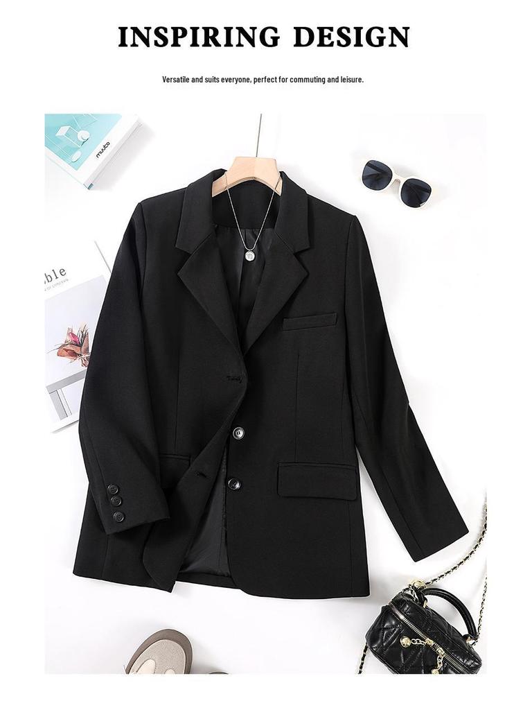 Women's Black Regular Fit Shoulder Suit Jacket - Autumn/Winter Loose Casual Korean Style with High-End Feel