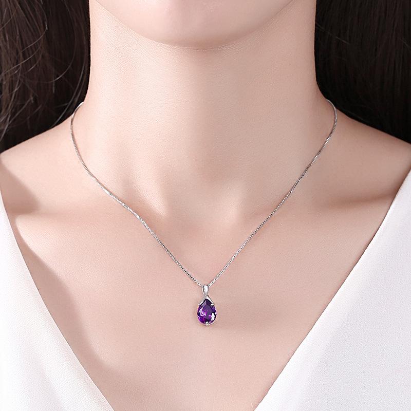 Amethyst Teardrop S925 Sterling Necklace - European Style Clavicle Chain for Women