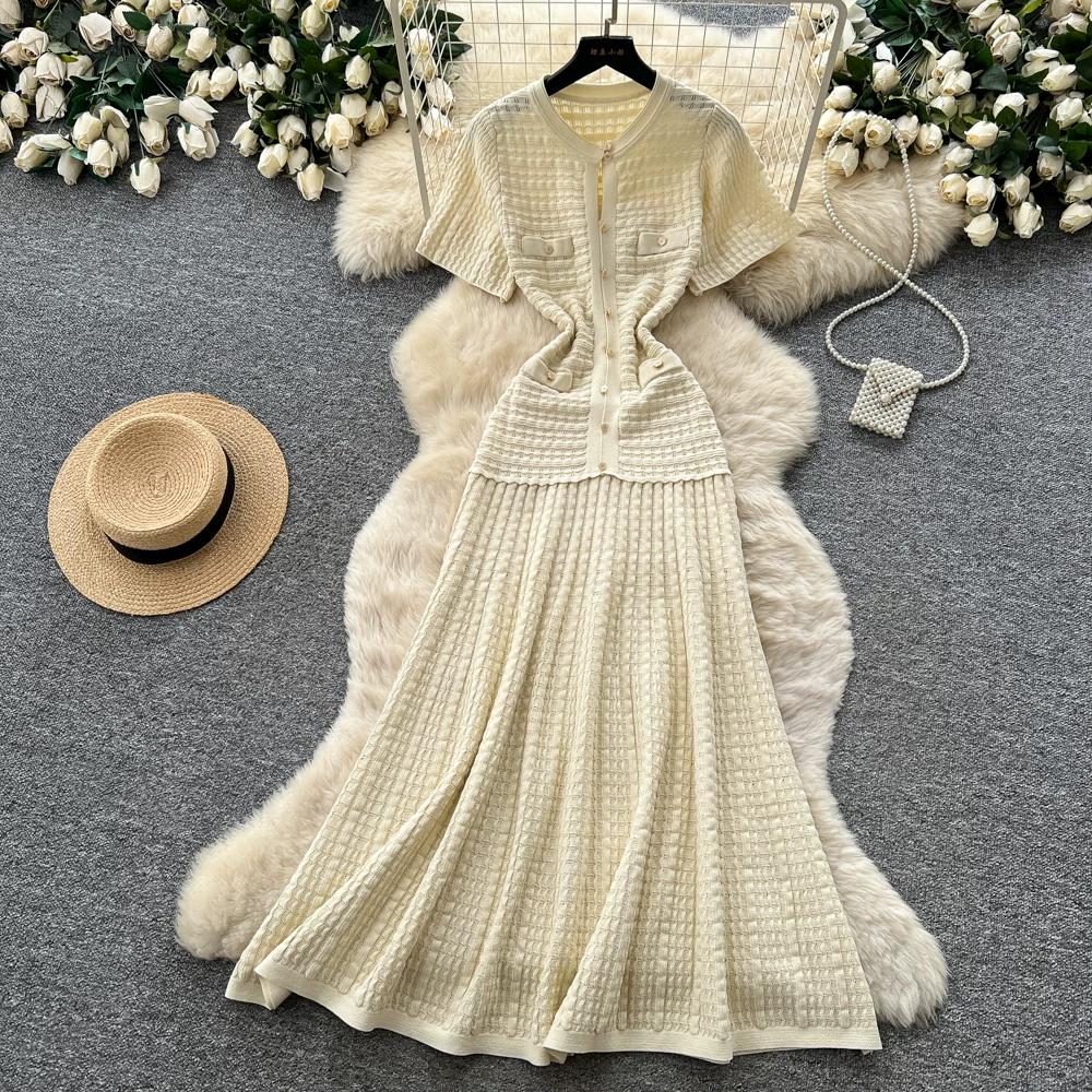 Summer Autumn Knitted Sweater Dress for Women Fashion Short Sleeve Single-breasted Hollow Out Elastic Simple Prom Dresses