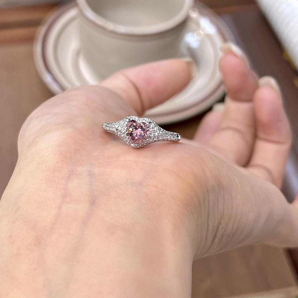 Light luxury High quality   inlaid full diamond heart pink diamond rings for women sweet engagement ring fine jewelry