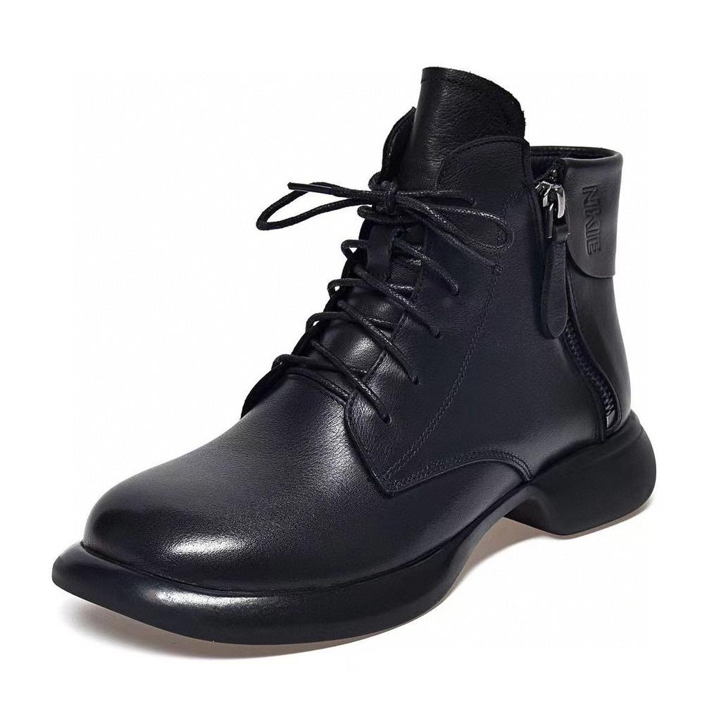 Kurze Stiefel Damen Herbst und Winter neue Revers Doppelreißverschluss Martin Stiefel erste Schicht Rindsleder flache Stiefel Damen Lederstiefel