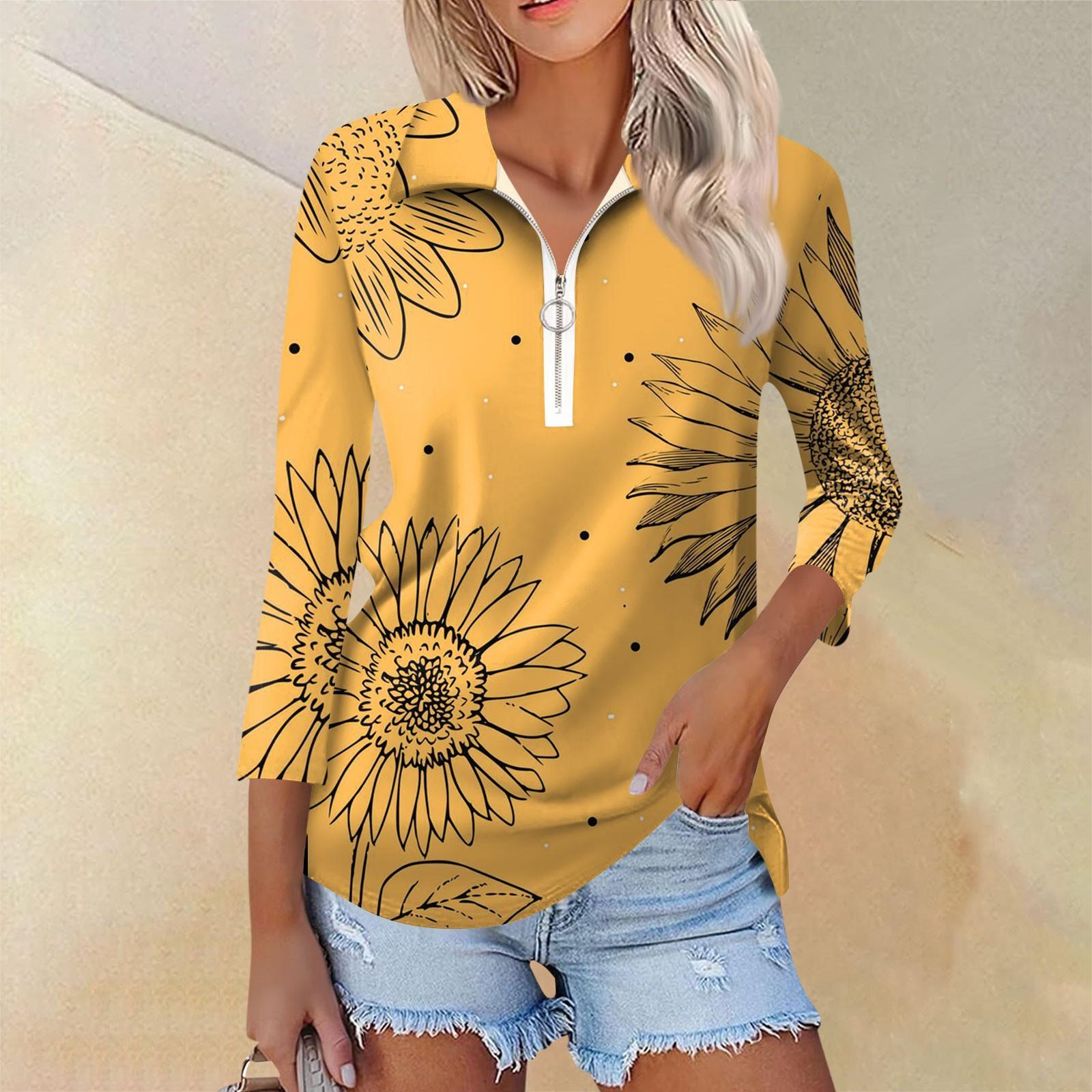 

Женская повседневная футболка с v-образным вырезом и семью рукавами, пуловер с половиной молнии и принтом подсолнечника XL жёлтый