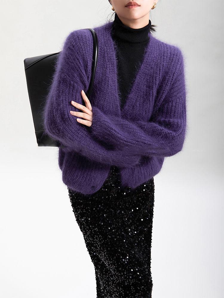 European & American Style Purple Faux Mink Velvet V-Neck Long-Sleeve Knitted Cardigan Sweater