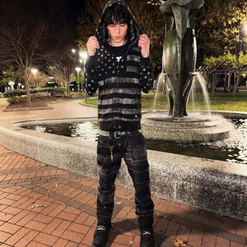Vintage Punk Star Striped Zip Hoodie Loose Fit Streetwear Men Women