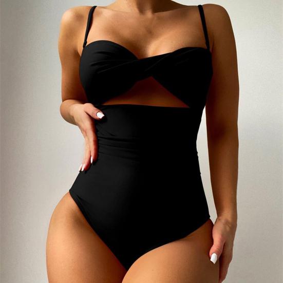 Women Monokini Hollow Out Spaghetti Strap Low-cut Backless Push Up Swimming Padded