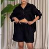 Women's 2 Piece Casual Outfit Oversized Long Sleeve Turn Down Collar Shirt and Drawstring Shorts Set