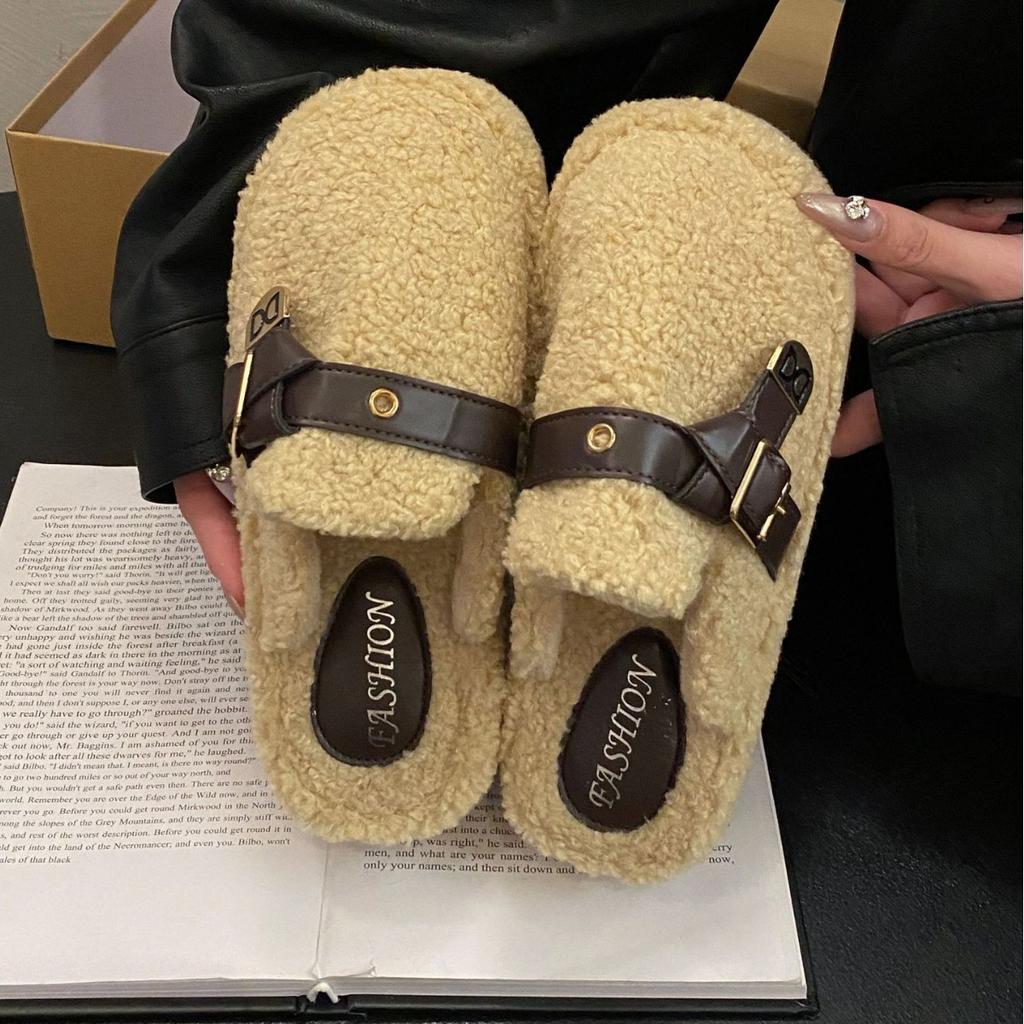 2025 Autumn and Winter New Fashion Fluffy Suede Cotton Slippers Women's Outer Slippers Thick Bottom Solid Color Foot Warm Cotton Slippers