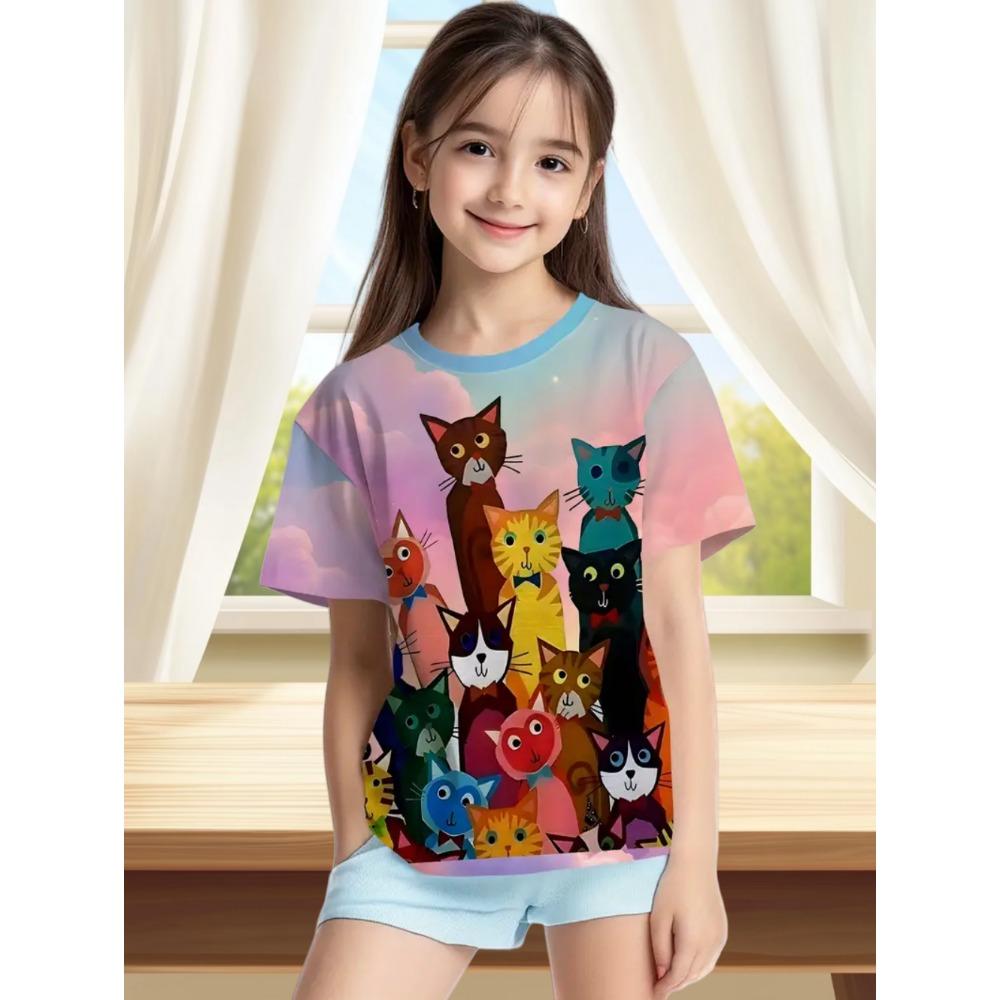 Children's Clothes Funny Cat Pattern 3D Print Summer Short Sleeve Tee Topstrendy Girl Clothes Round Neck Tops T-Shirts for Girls
